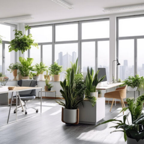 Green office space with plants and natural elements enhancing productivity.