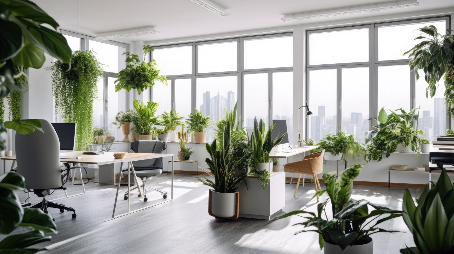 Green office space with plants and natural elements enhancing productivity.