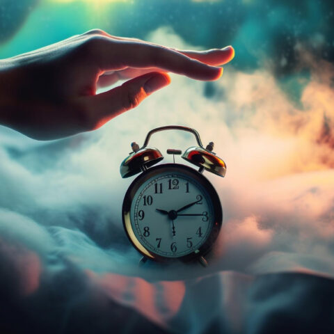 A hand in the colours wiht an alarm clock to represent time.