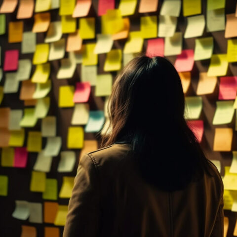 Woman staring at a wall of post-it notes to represent the productivity challenge