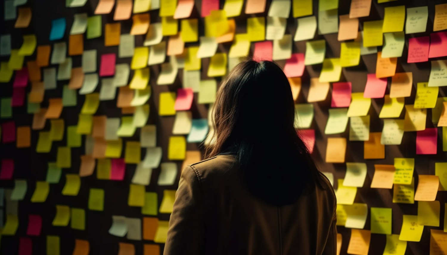 Woman staring at a wall of post-it notes to represent the productivity challenge