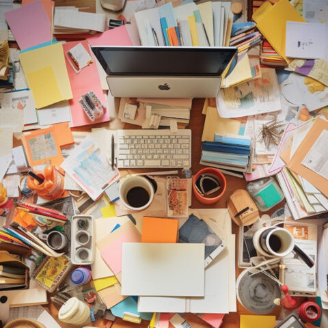 image showing a cluttered desk transforming into an organized, functional workspace.