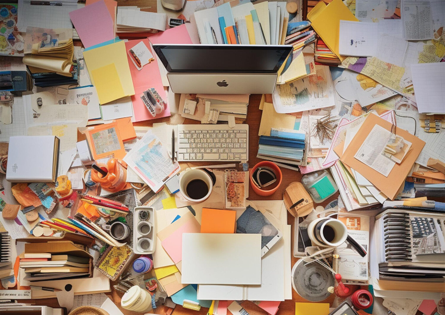 image showing a cluttered desk transforming into an organized, functional workspace.