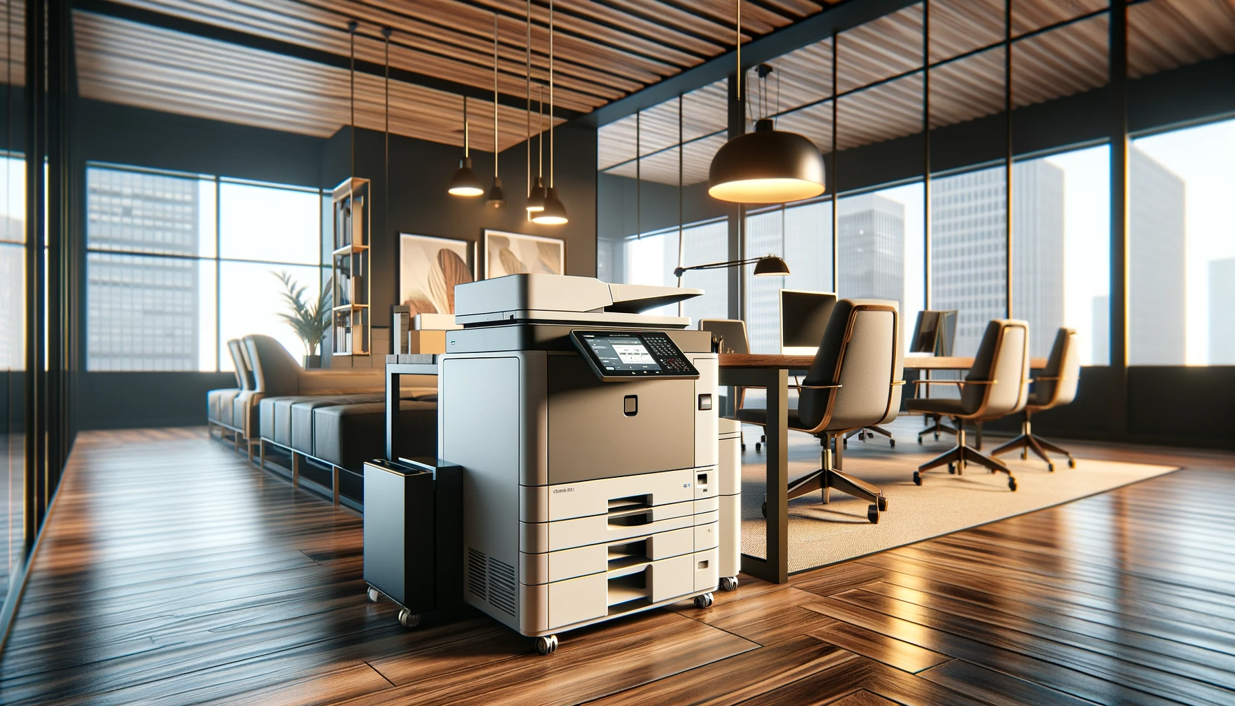 DALL·E 2023 11 21 12.12.11 A contemporary office setting featuring a cutting edge digital photocopier as the focal point. The photocopier should be prominent symbolizing its im