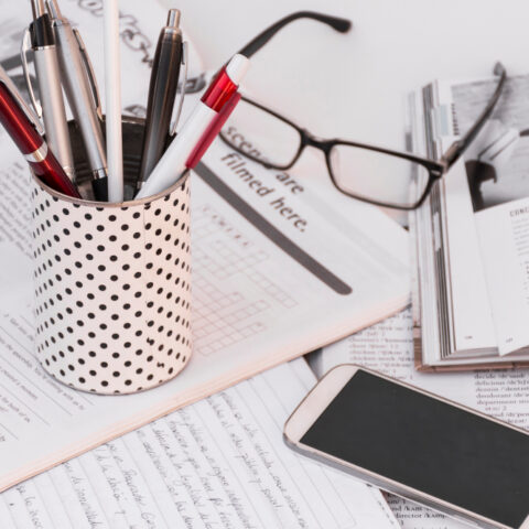 Organised office desk with document management tools