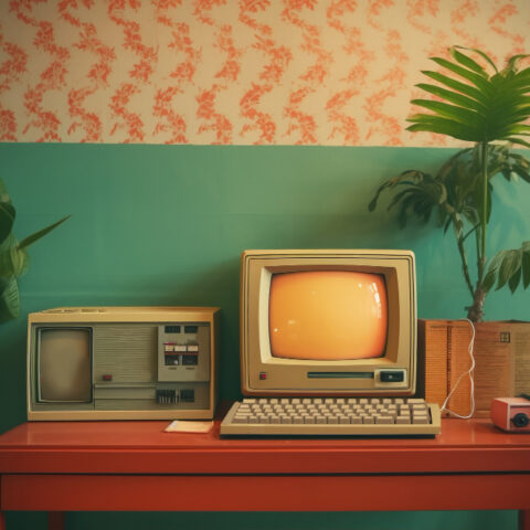 Illustration of a UK offices before computers with organised items