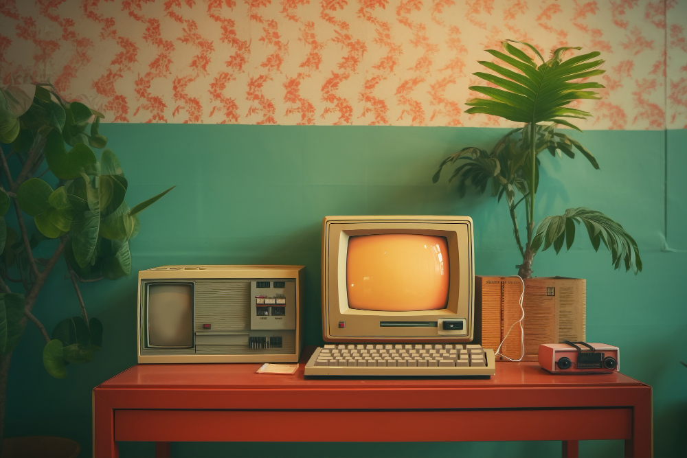 Illustration of a UK offices before computers with organised items